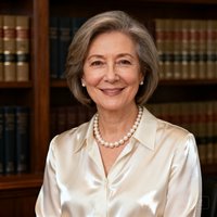 一位约50岁的女性家族办公室负责人的半身肖像，穿着米白色丝质衬衫搭配珍珠项链，短发干练，面带温和微笑，背景为书房环境，书架上摆放着精装书籍